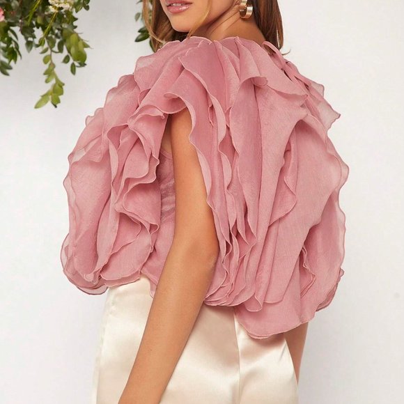 Pink Boho Womens Ruffle Trim Solid Top - Picture 2 of 5